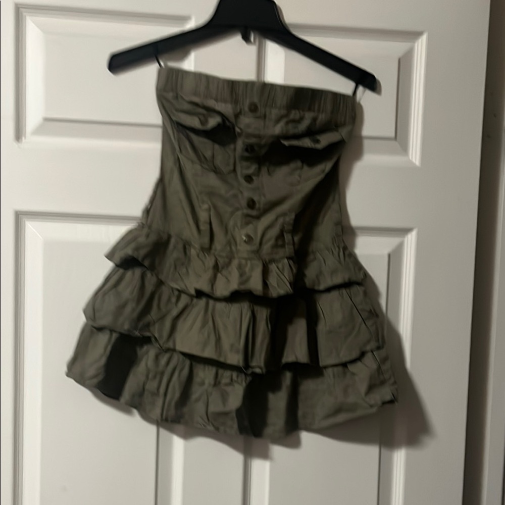 Deb Strapless Olive Green Ruffle Dress